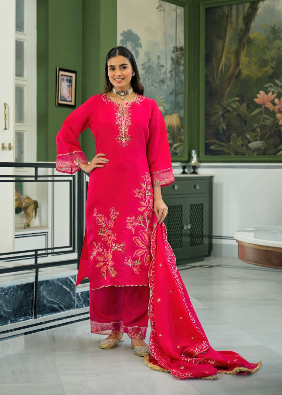 Festive Red Embroidered Straight Kurta Pant Set