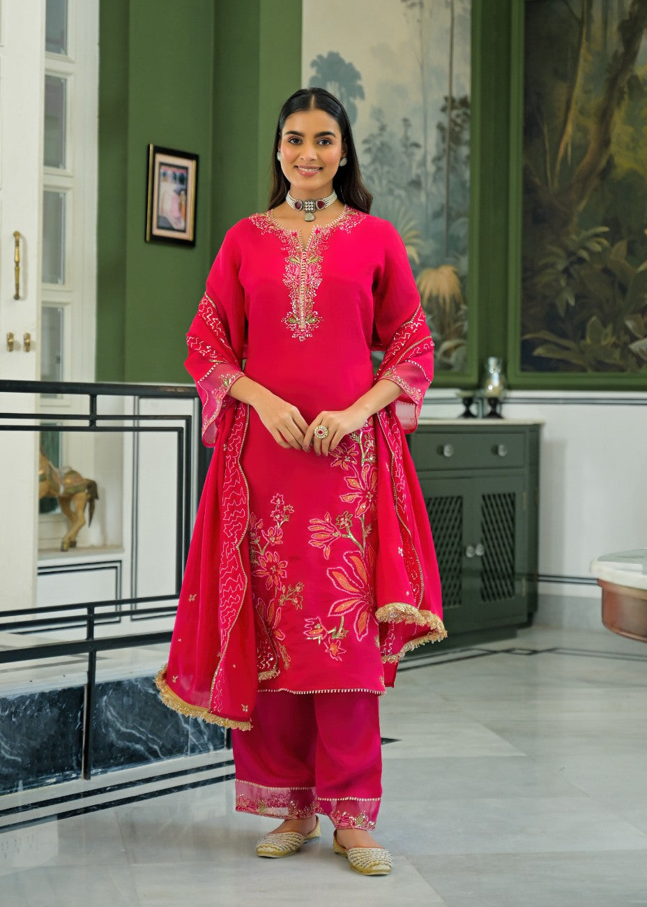 Festive Red Embroidered Straight Kurta Pant Set