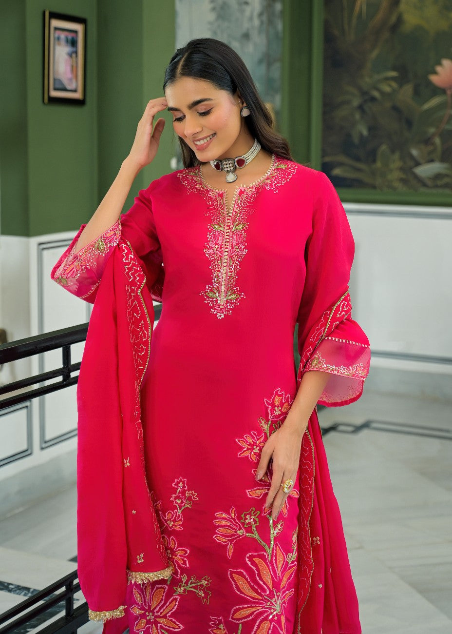 Festive Red Embroidered Straight Kurta Pant Set