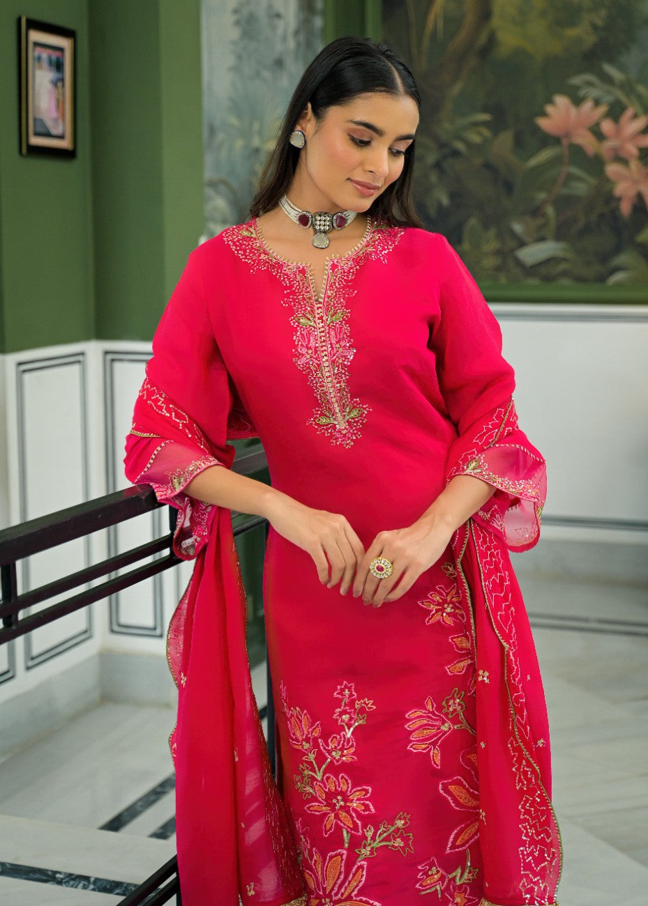Festive Red Embroidered Straight Kurta Pant Set