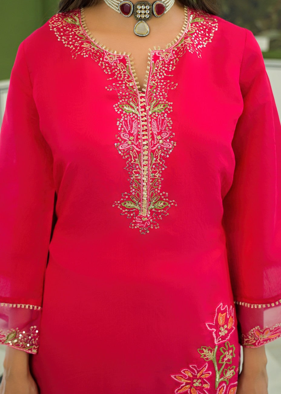 Festive Red Embroidered Straight Kurta Pant Set
