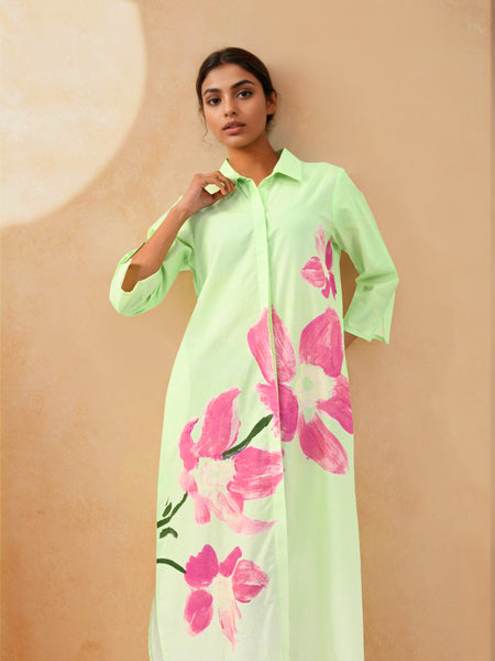Cosmic Green Handpainted Shirt Cotton Dress