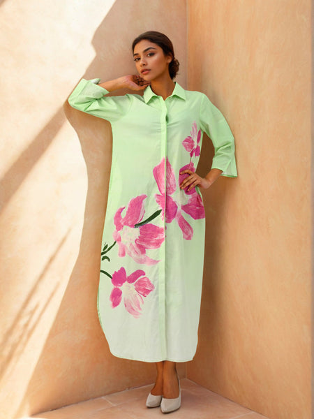 Cosmic Green Handpainted Shirt Cotton Dress