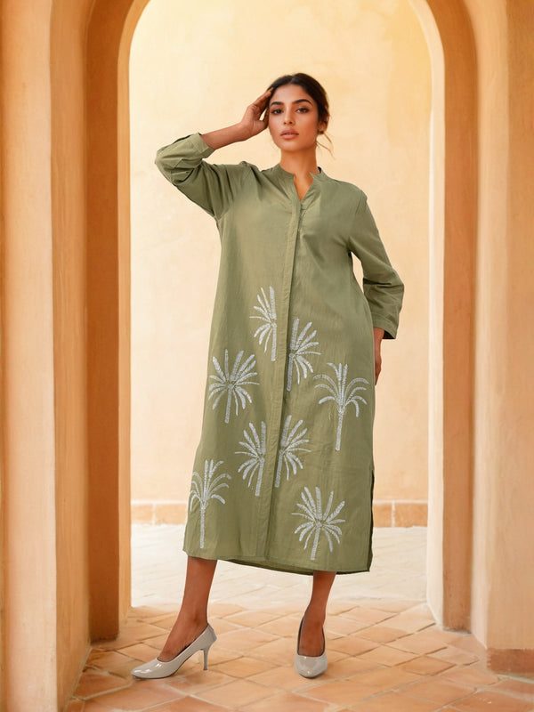 Olive Green Embroidered Shirt Dress