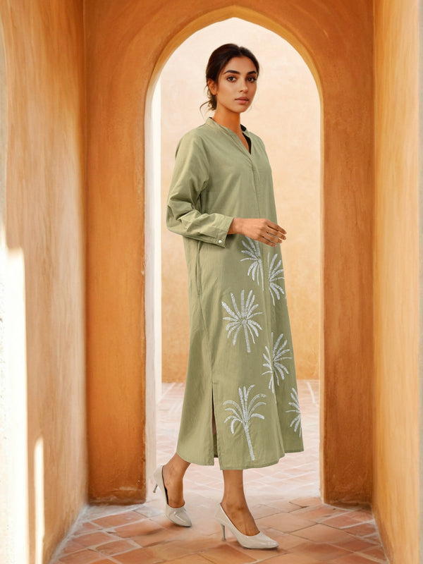Olive Green Embroidered Shirt Dress