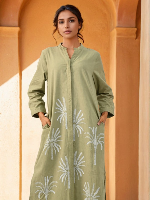 Olive Green Embroidered Shirt Dress