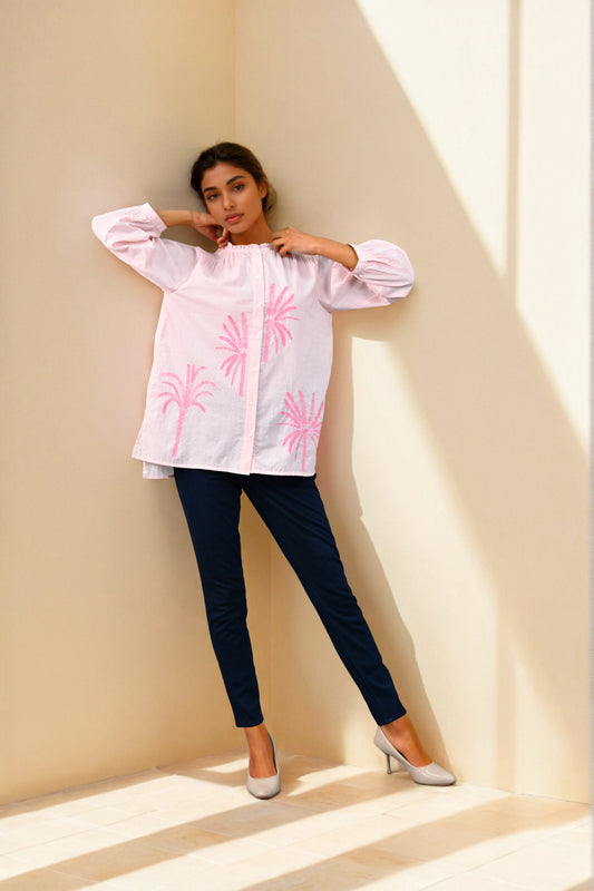 Elegant Pink Cotton Printed Short-Length Top