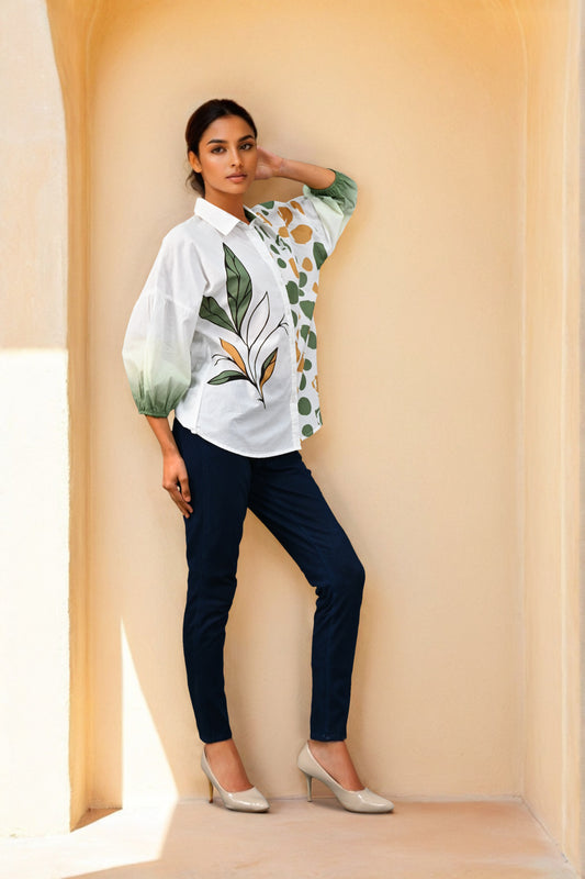 White & Green Printed Cotton Collar Neck Top