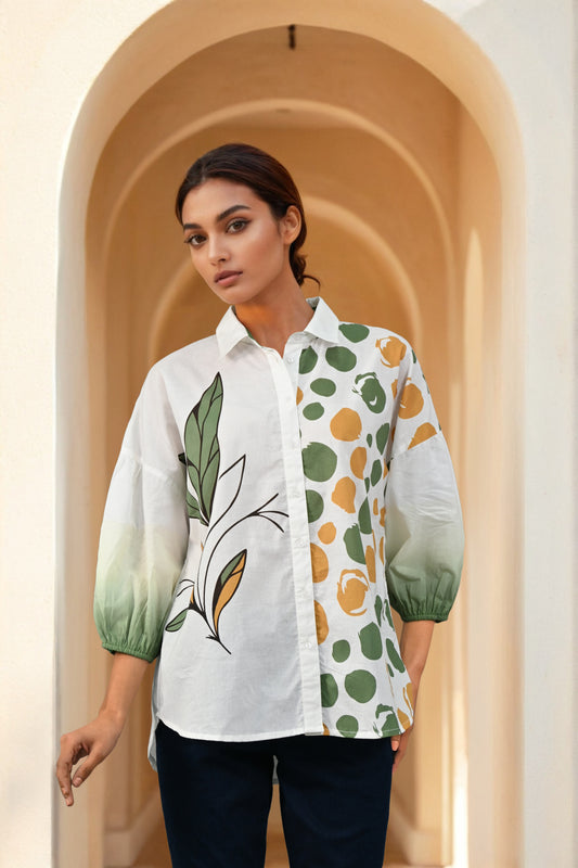 White & Green Printed Cotton Collar Neck Top