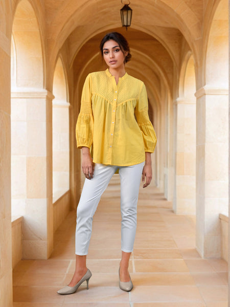 Mustard Embroidered Cotton Top with Closed Neck