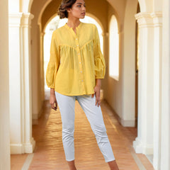Mustard Embroidered Cotton Top with Closed Neck
