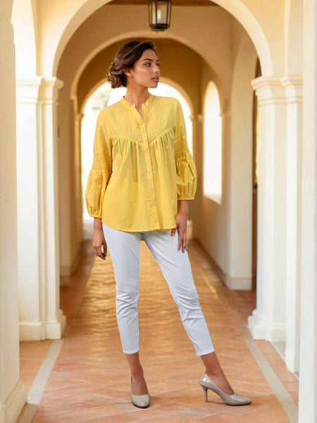 Mustard Embroidered Cotton Top with Closed Neck