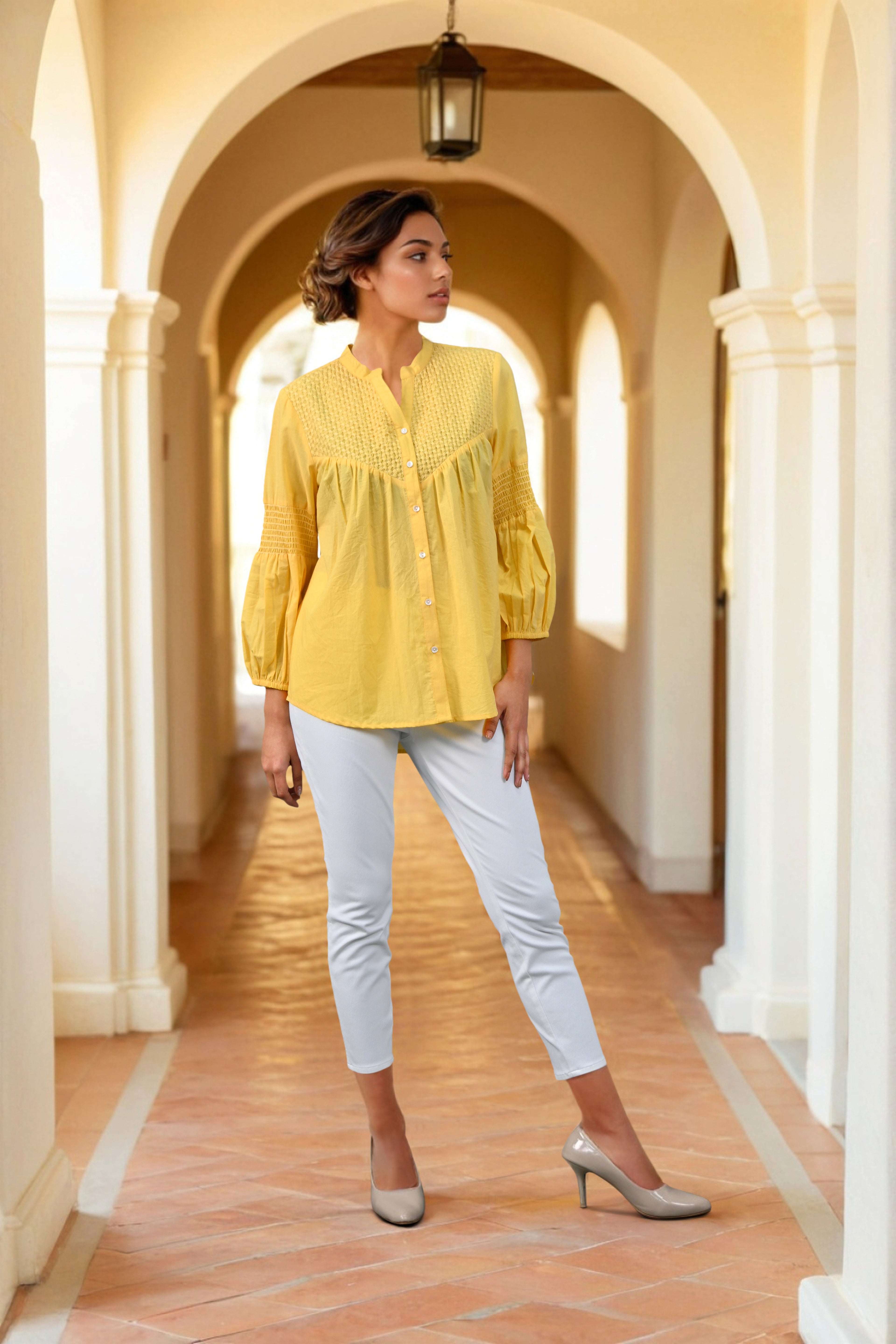 Mustard Embroidered Cotton Top with Closed Neck