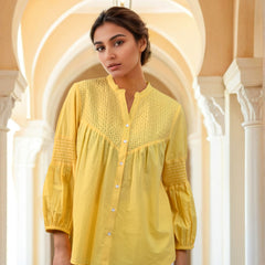 Mustard Embroidered Cotton Top with Closed Neck