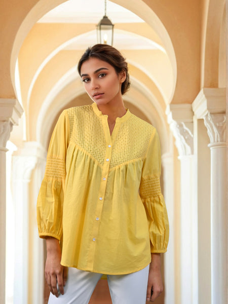 Mustard Embroidered Cotton Top with Closed Neck