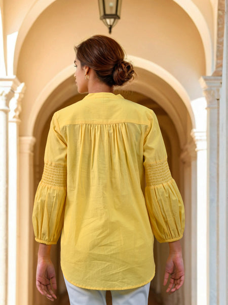 Mustard Embroidered Cotton Top with Closed Neck