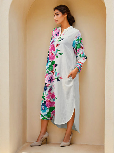 White Colorfull Print Kurta Dress