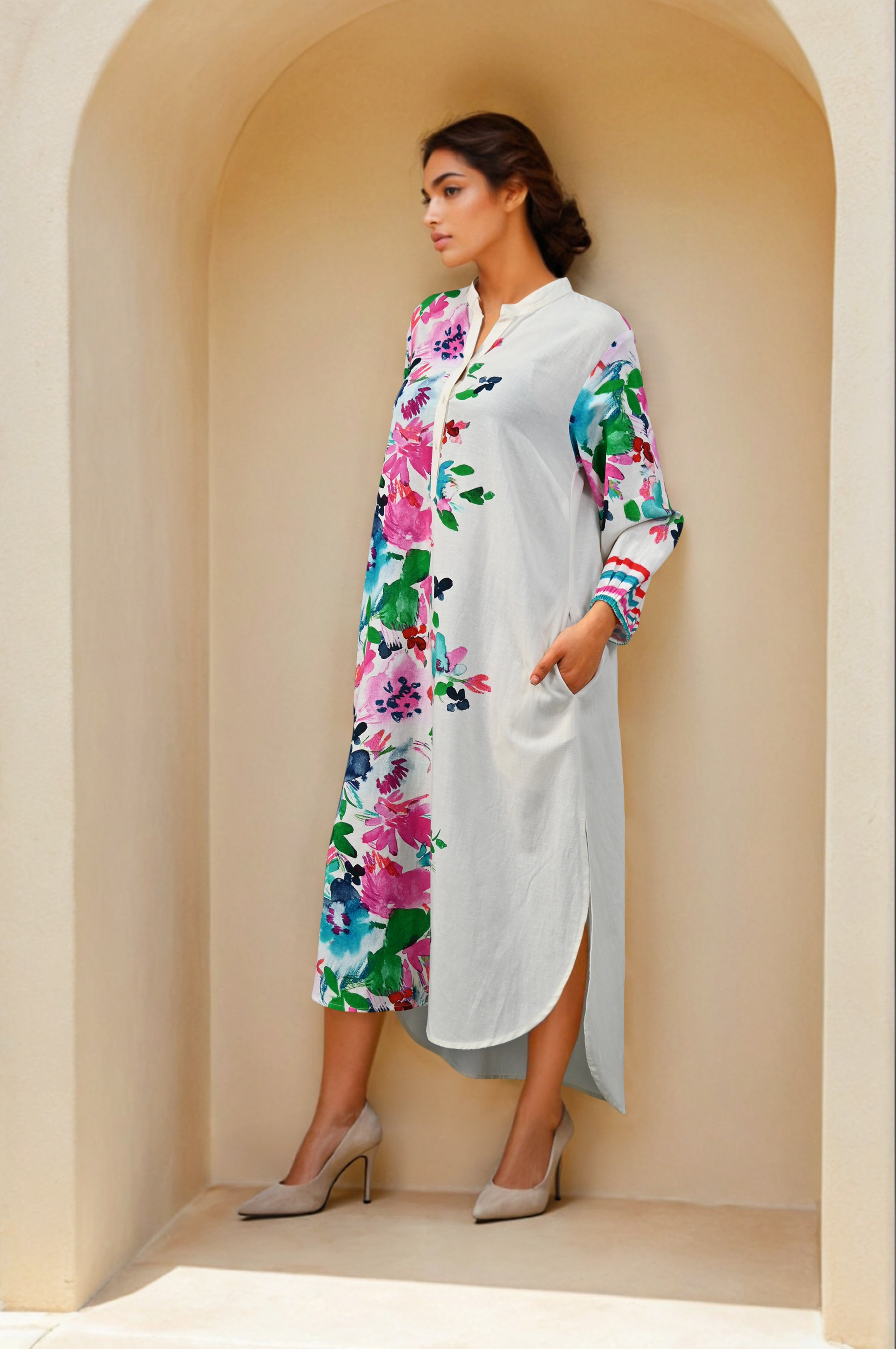 White Colorfull Print Kurta Dress