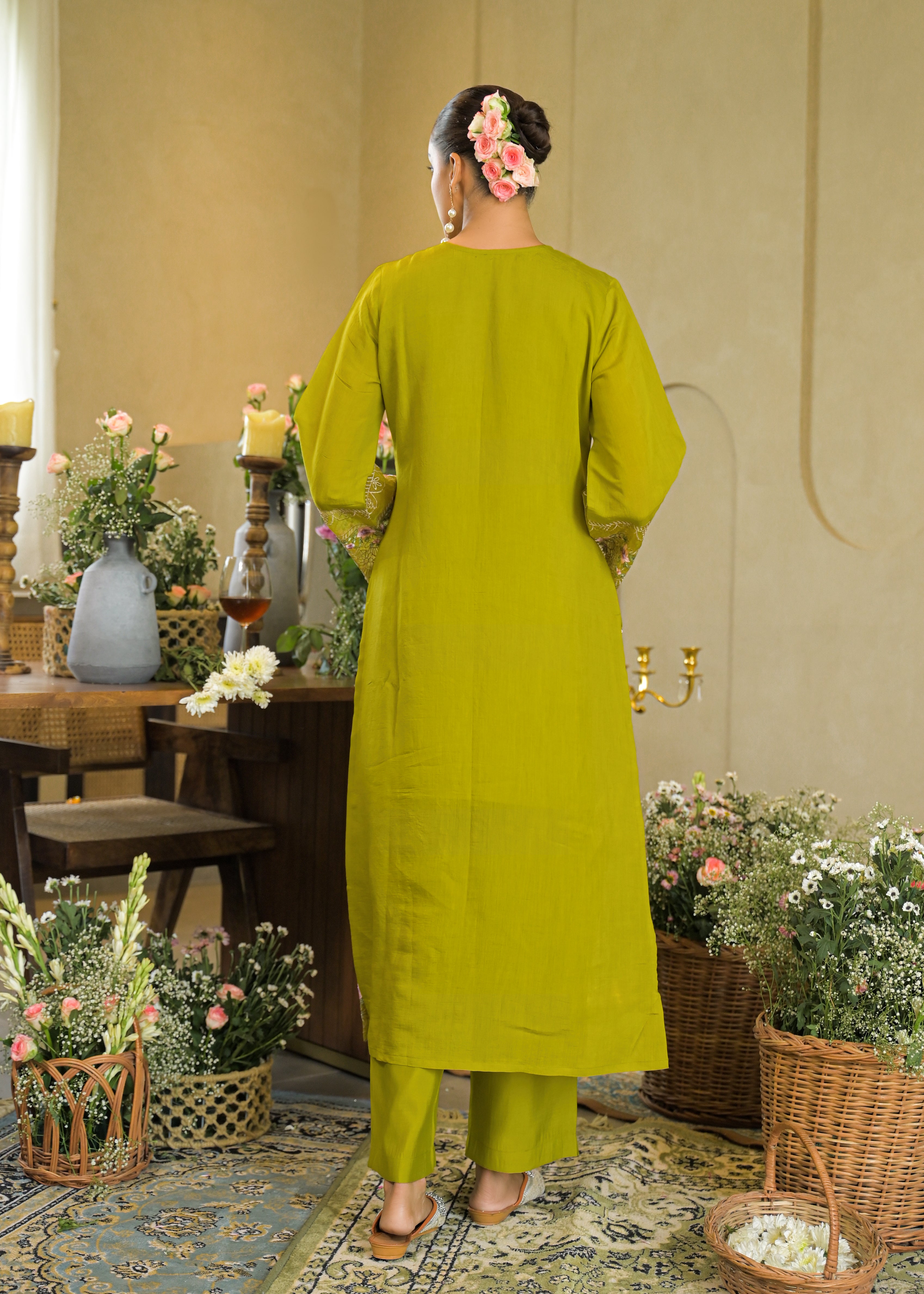 Pista Green Embroidered Mal Chandri Anarkali Suti Set with Cotton Printed Dupatta