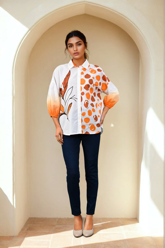 White & Orange Printed Cotton Collar Neck Top