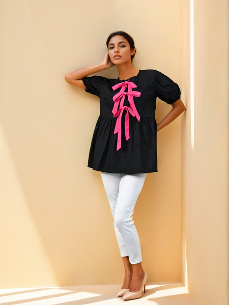 Midnight Bow-Detail Cotton Top