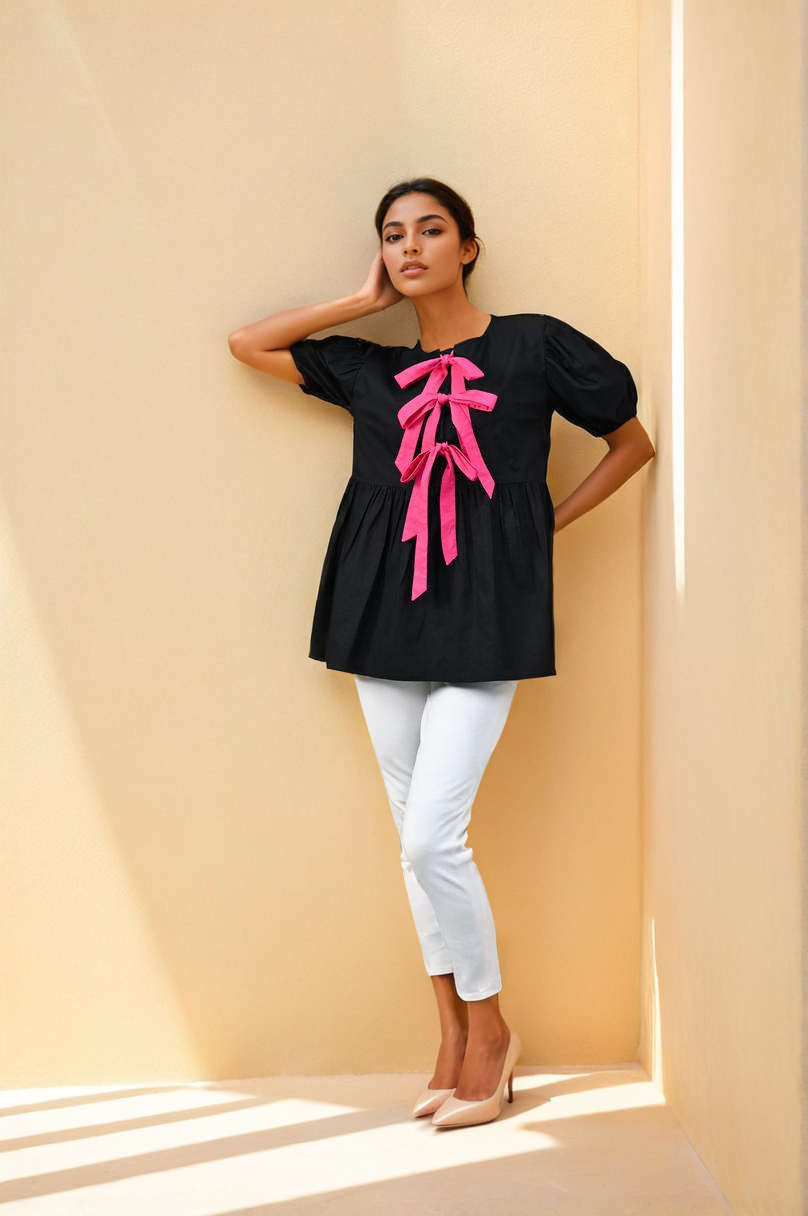 Midnight Bow-Detail Cotton Top