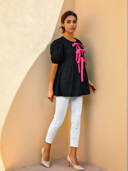 Midnight Bow-Detail Cotton Top