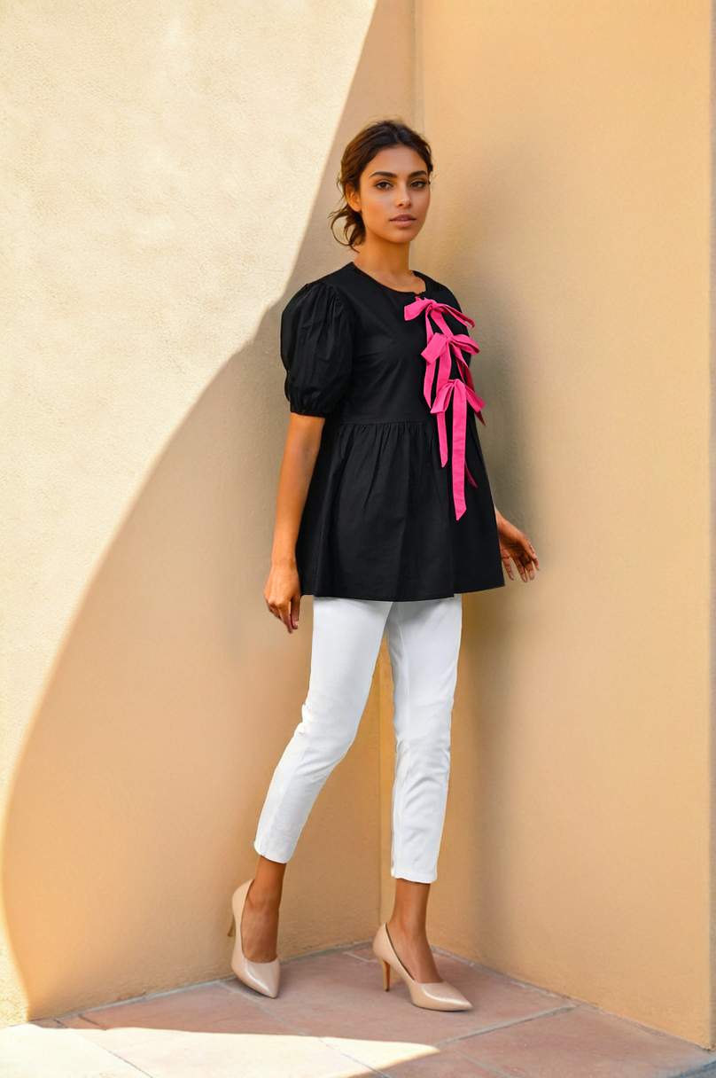 Midnight Bow-Detail Cotton Top