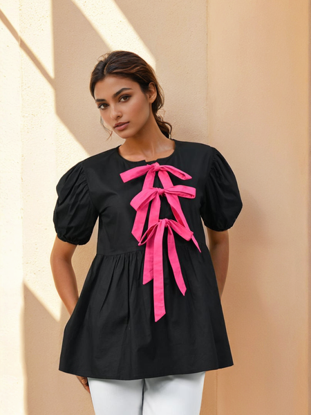 Midnight Bow-Detail Cotton Top