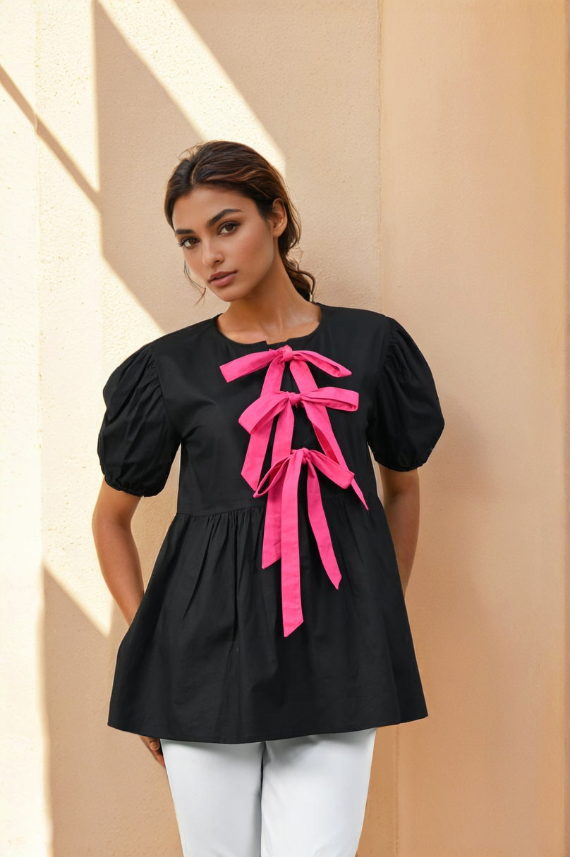 Midnight Bow-Detail Cotton Top
