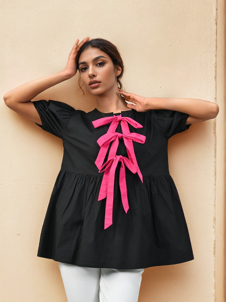 Midnight Bow-Detail Cotton Top