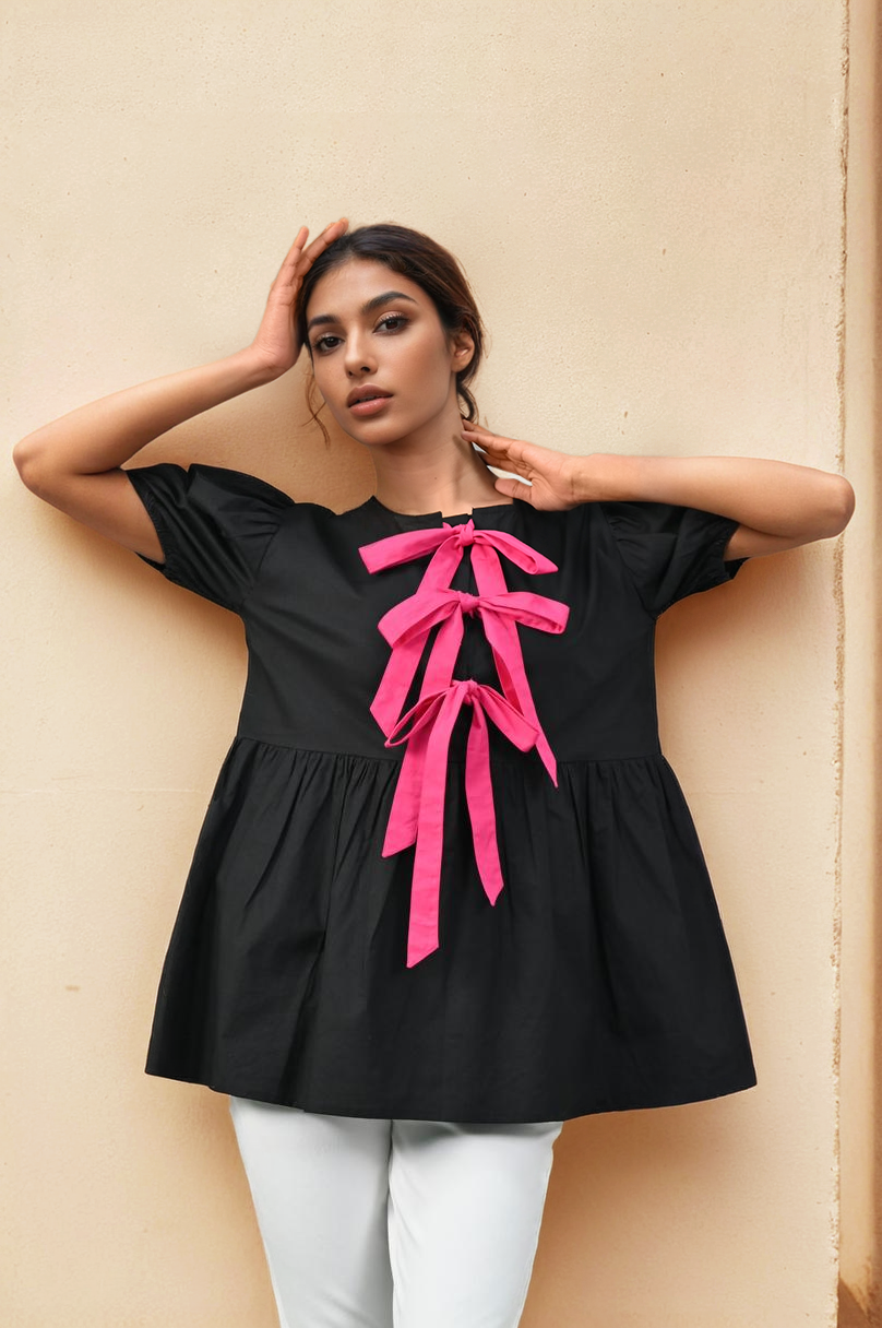Midnight Bow-Detail Cotton Top