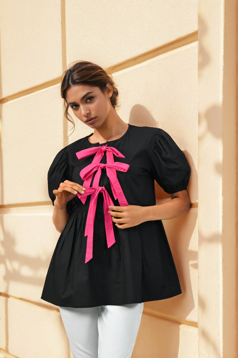 Midnight Bow-Detail Cotton Top