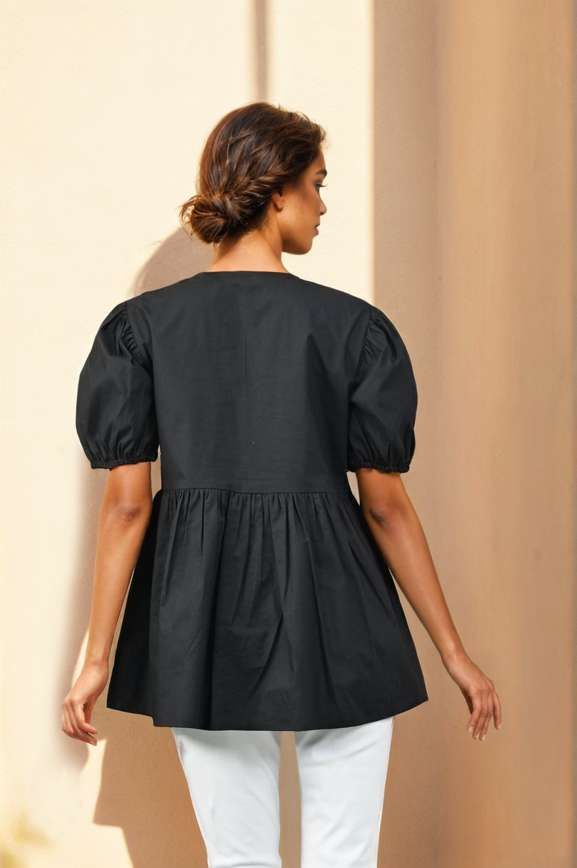 Midnight Bow-Detail Cotton Top