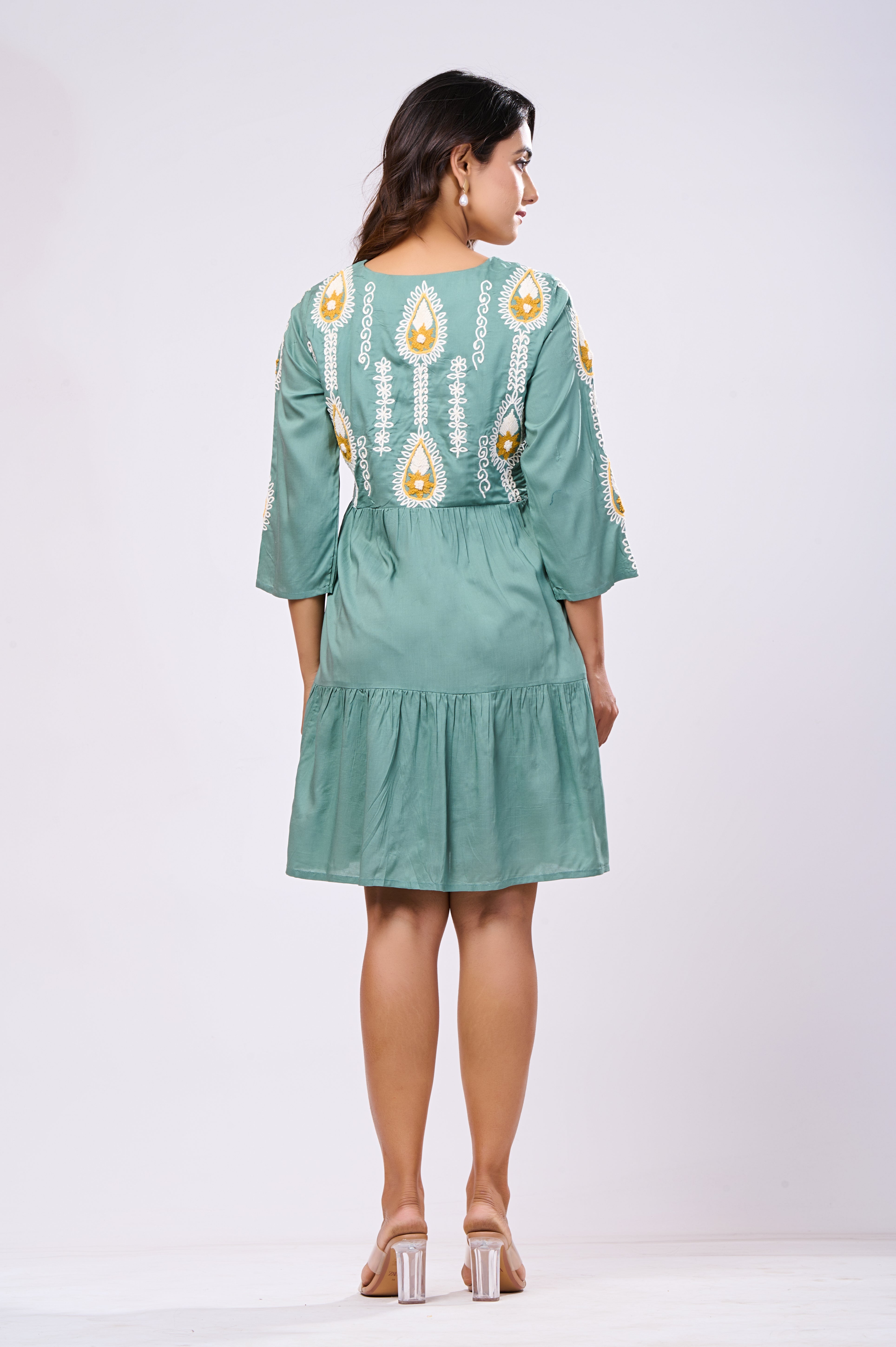 Designer Green Rayon Hand work Midi Dress