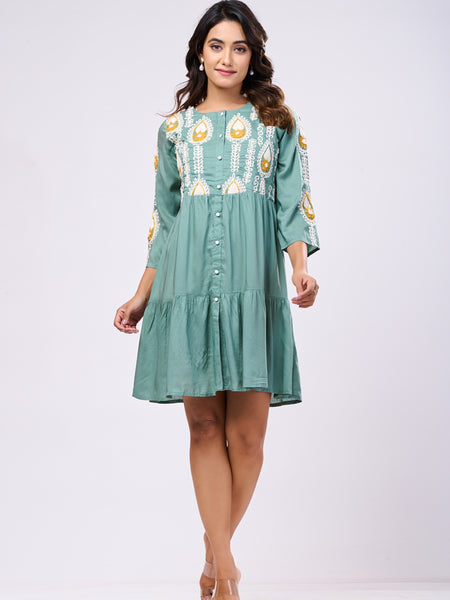 Designer Green Rayon Hand work Midi Dress