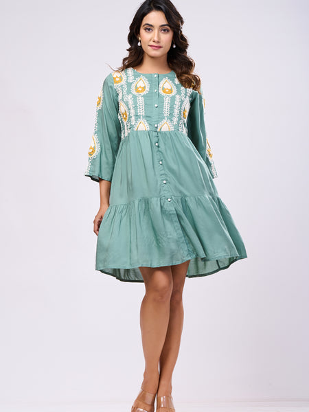 Designer Green Rayon Hand work Midi Dress