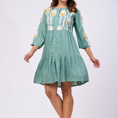 Designer Green Rayon Hand work Midi Dress