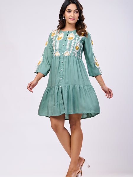Designer Green Rayon Hand work Midi Dress
