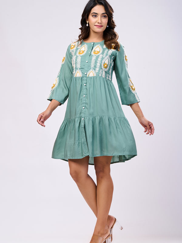 Designer Green Rayon Hand work Midi Dress