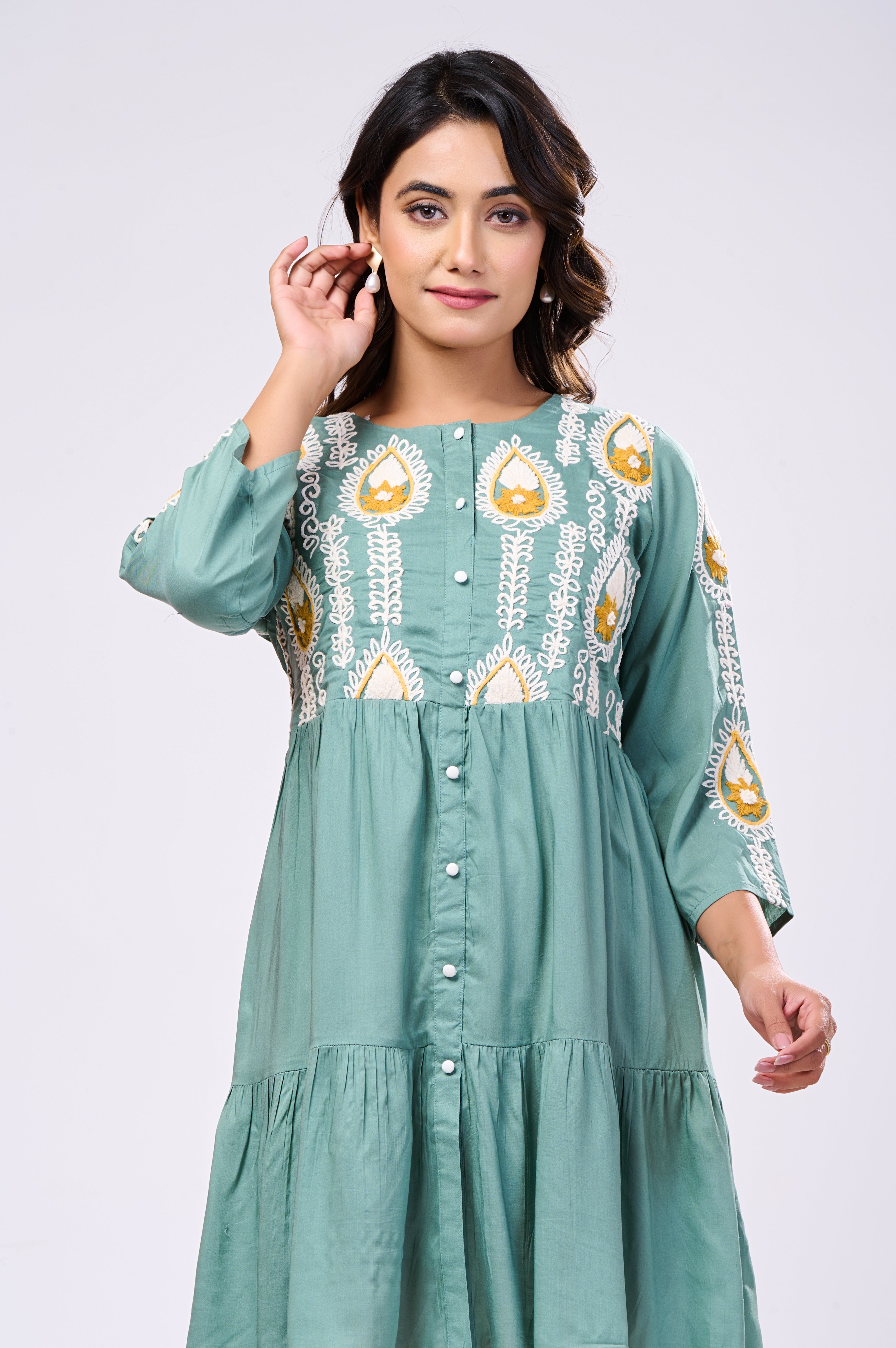 Designer Green Rayon Hand work Midi Dress