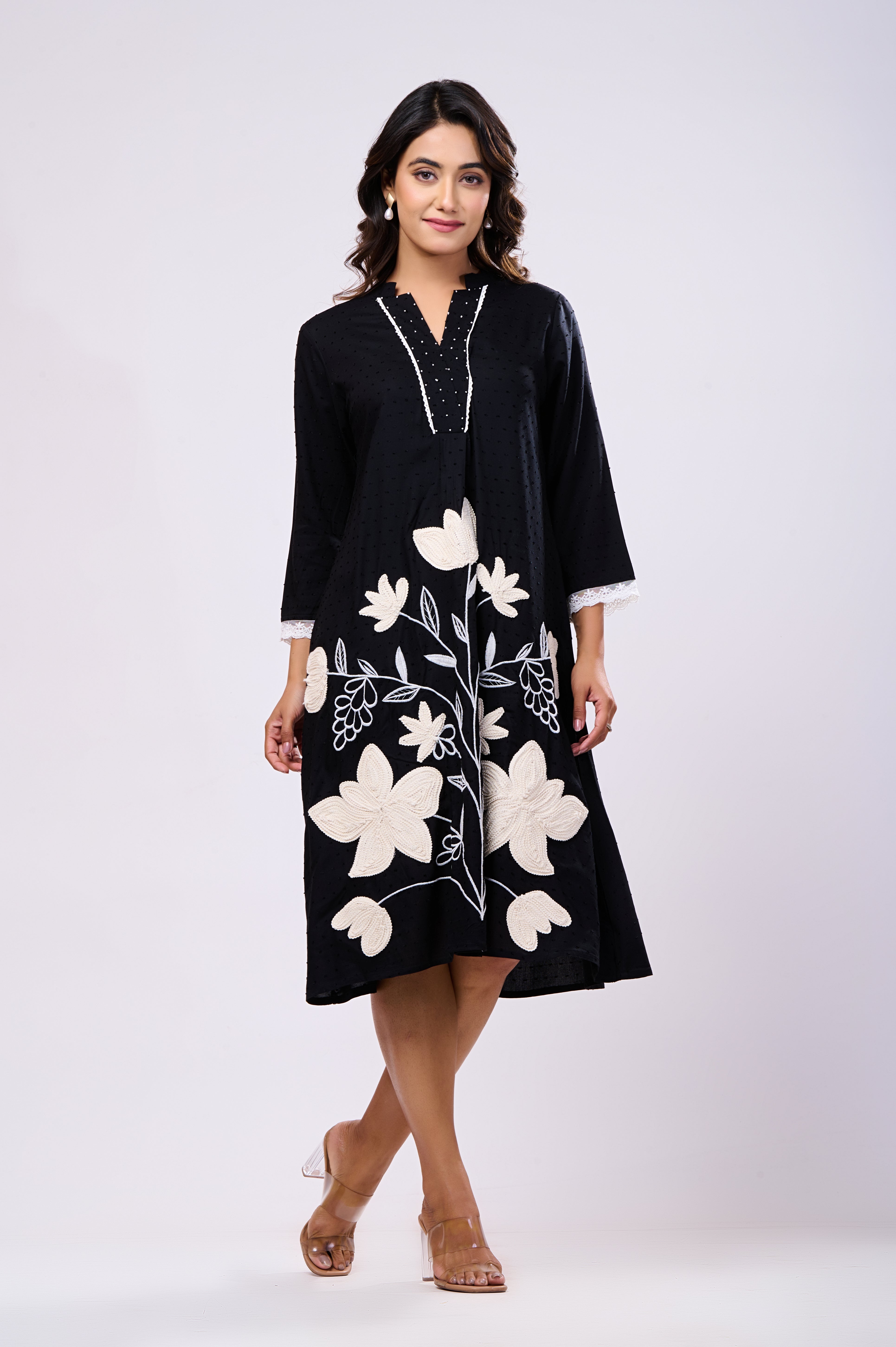 Black Rayon Hand Work Midi Dress