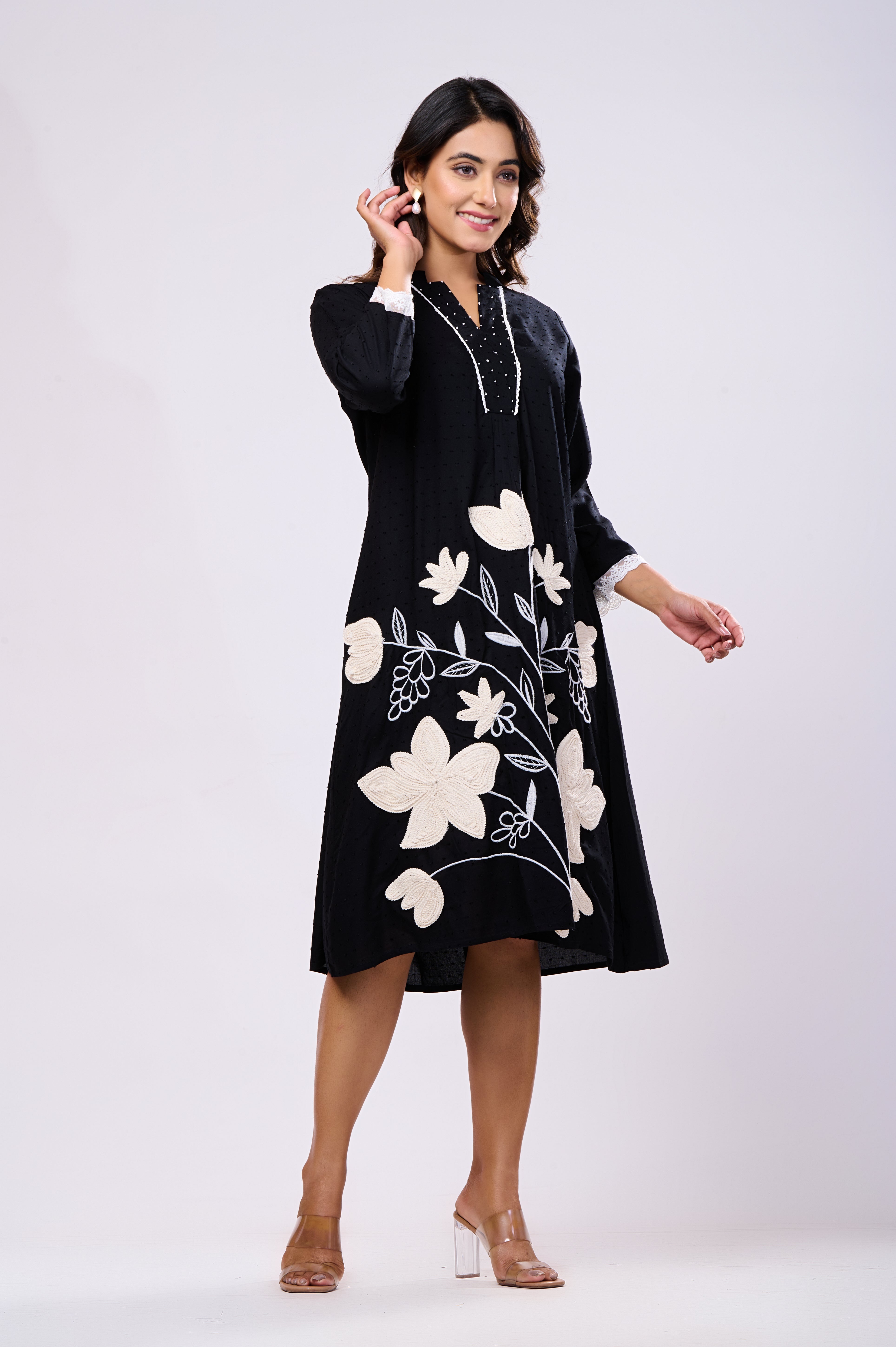 Black Rayon Hand Work Midi Dress