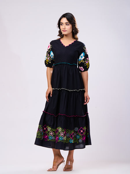 Elegant Cotton Black Hand Work Maxi Dress