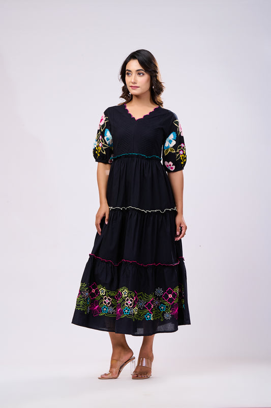 Elegant Cotton Black Hand Work Maxi Dress