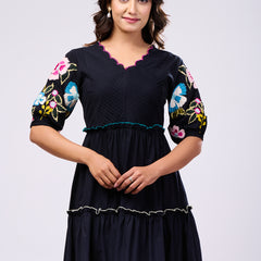 Elegant Cotton Black Hand Work Maxi Dress