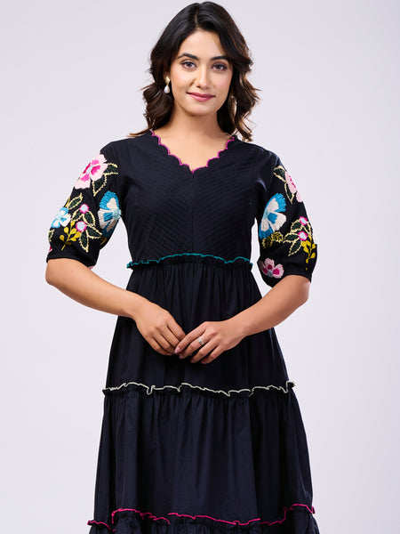 Elegant Cotton Black Hand Work Maxi Dress