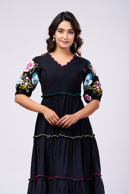 Elegant Cotton Black Hand Work Maxi Dress