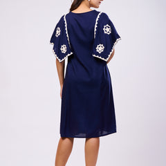 Cotton Navy Blue Hand Work Midi Dress