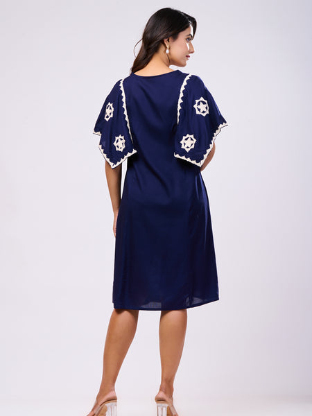 Cotton Navy Blue Hand Work Midi Dress